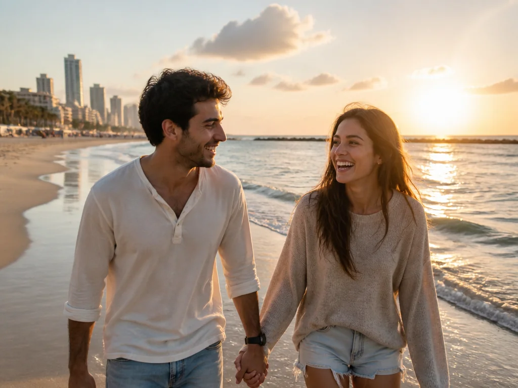 צילום של זוג צעיר ברגע אינטימי על שפת ים תל אביב