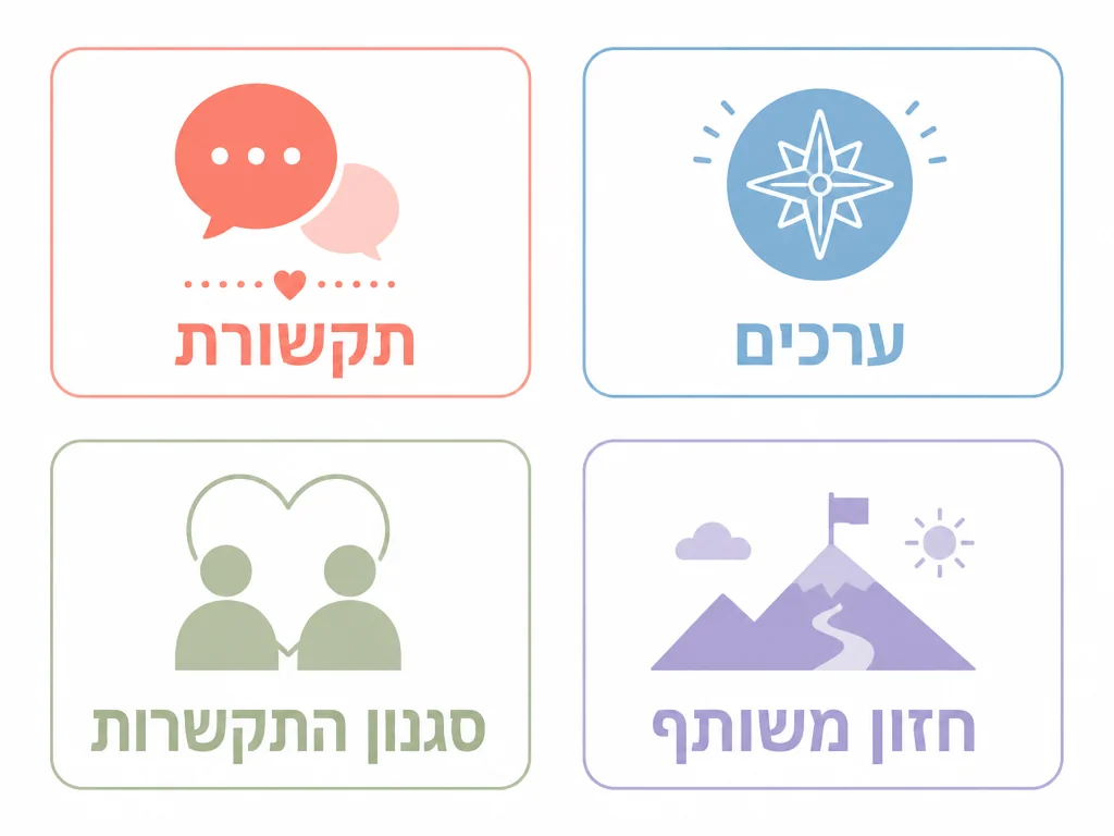 אינפוגרפיק ארבעה נושאי שאלון זוגיות: תקשורת, ערכים, סגנון התקשרות, חזון משותף