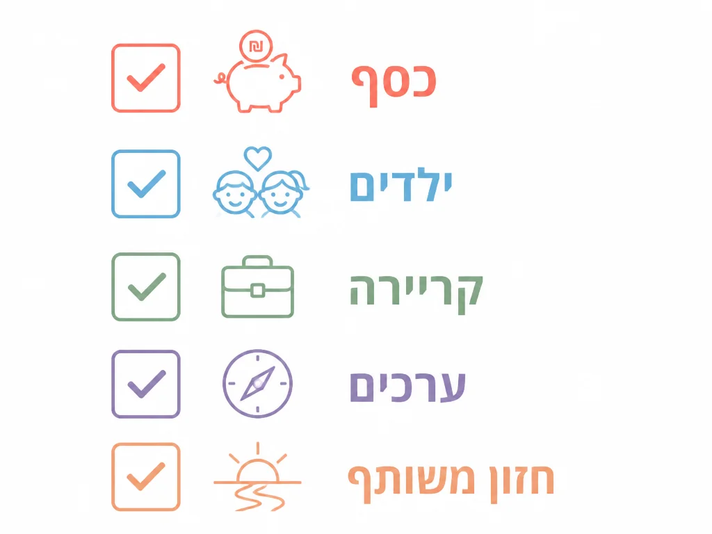 אינפוגרפיק רשימת תיוג חמישה נושאי תאימות: כסף, ילדים, קריירה, ערכים, חזון
