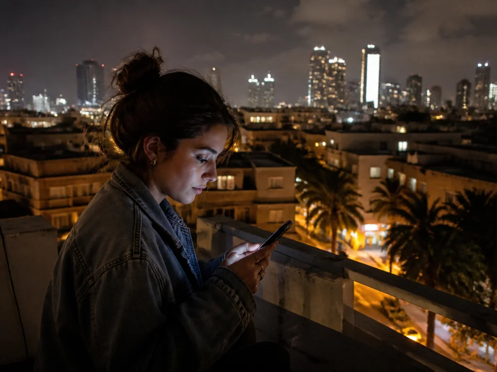 צילום של אדם משתמש באפליקציית טינדר בכביש לילה תל אביב